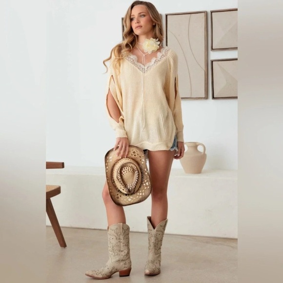 Thinkable-Lace Side Slits Cut Out Sleeve Sweater - Picture 2 of 6